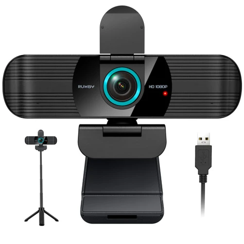 RUWBY Full HD 1080P Webcam with Built-in Dual Mics, Wide-Angle Lens, Privacy Cover, Tripod Stand, Autofocus Computer Camera, Plug and Play for Desktop PC or Laptop