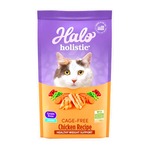 Halo Holistic Indoor Cat Food Dry, Grain Free Cage-free Chicken Recipe for healthy weight support, Complete Digestive Health, Dry Cat Food Bag, Adult Formula, 3-lb Bag