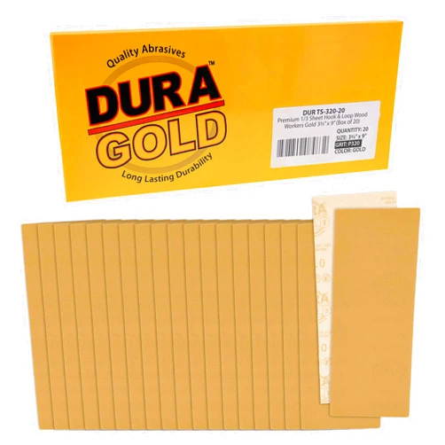 Dura-Gold Premium 1/3 Sheet Gold Sandpaper Sheets, 320 Grit (Box of 20) - 3-2/3