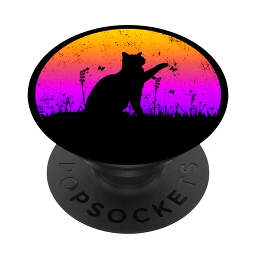Cats by Fluffabulous Prints Cat with butterfly, sunset PopSockets Adhesive PopGrip