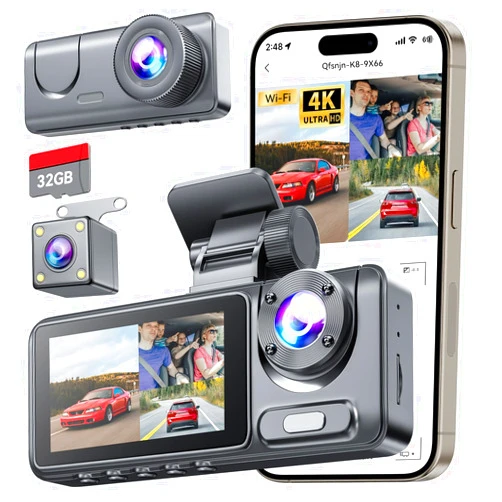 Veqotya 3 Channel Dash Cam for Cars Front Rear Inside, 1080P WiFi Dash Cam w/ 32GB Card, 2.0