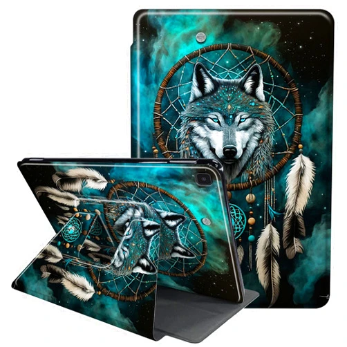 RAUEDWDJS Case for Samsung Galaxy Tab S6 Lite 10.4-inch 2022/2020 Model SM-P610/P613/P615/P619-360 Degree Rotating Multi-Angle Viewing Protective Cover with Auto Sleep/Wake-Dream Catcher Wolf