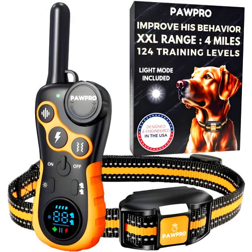 PAWPRO Dog Shock Collar with Remote, Unmatched 4-Mile Range, Night-Light Mode, Training Guide Included, 124 Training Levels & 4 Modes, Beep Vibration Shock, Waterproof Rechargeable, Fits All Dogs, US Tech