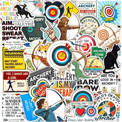 BulbaCraft 100Pcs Archery Stickers and Decals for Bow Case, Arrow Stickers - Archery Party Favors- Bow Hunting Decals - Gift for Women & Men