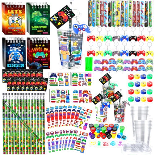 RoundFunny 265 Pcs Video Game Party Favors Drinking Cups Notebook Pencils Sharpener Keychain Slap Bracelets Ring Stamp DIY Sticker Tattoo Sticker Tag Twist Tie for Boy Kid Birthday Gamer Reward Gift