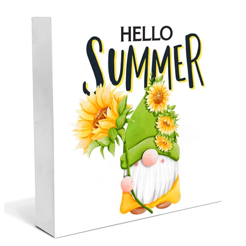 Heijie Summer Gnome Wood Box Sign Desk Decor Sunflower Gnomes Wood Block Sign Decor for Home Shelf Wall