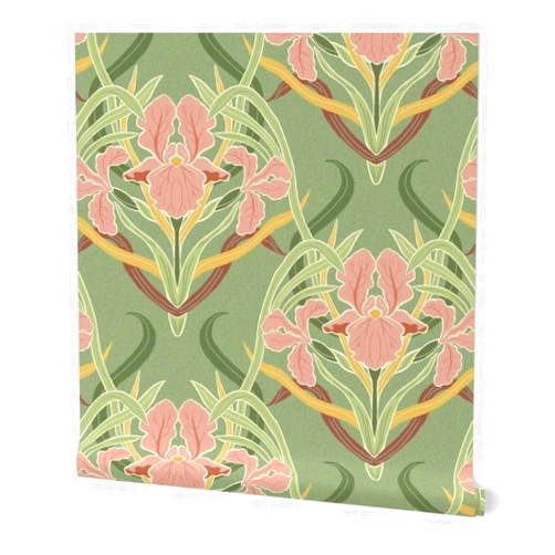 Spoonflower Removable Wallpaper Swatch - Green Floral Victorian Garden Art Nouveau Large Scale Iris Botanical Arts and Crafts Edwardian Boho Custom Pre-Pasted Wallpaper by Spoonflower