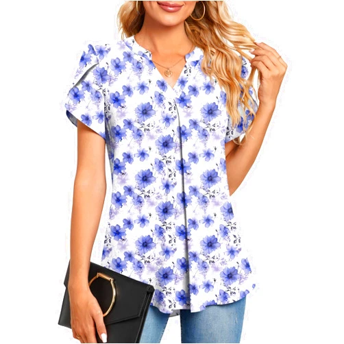 Anyhold Women's Summer Dressy Chiffon Blouse Notch V Neck Petal Sleeve Tops Loose Casual Cute Shirts for Work