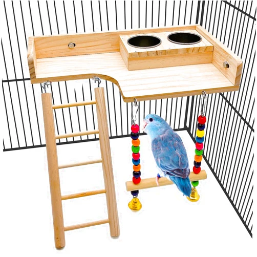 kathson Parrot Playground for Cage Hanging Parakeet Playing Gyms Wooden Bird Perch Platform with Climbing Ladder Swing Stainless Steel Food Cups Exercise Training Stands Toys for Budgie Lovebird Cocka