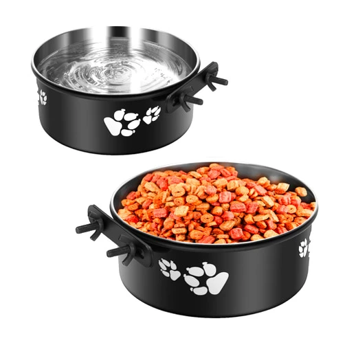 ShineMe Kennel Water Bowl Hanging, ShineMe 2 Pack Stainless Steel Food and Water Bowl for Dog Cage, Crate, Kennel Bowls Mountable for Medium and Small Dogs, Cats, Pets (6.2x2.6” & 5.5x2.4”)