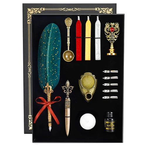 Karhood Quill Pen and Ink Set - Feather Calligraphy Dip Pen with Wax Seal Stamp Kit and 5 Nibs (Dark Green)