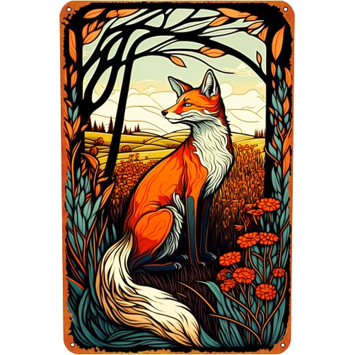 KIVYYB Fox Art Nouveau Wildlife Retro Poster Tin Sign Cafe bar Home Wall Art Decoration Retro Metal Tin Sign 8x12 inch