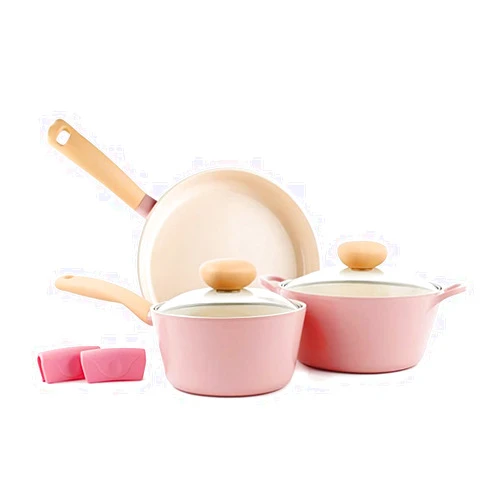 Neoflam Retro 5-Piece Ceramic Nonstick Cookware Set, PFOA Free Pots and Pans with Integrated Steam Vent Lid knob prevents boil over and Heat Resistant Silicone Grips for safer cooking at kitchen, Pink