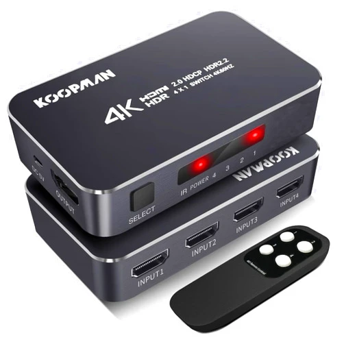 Koopman-Tech 4K HDR HDMI Switch, Koopman 4 Ports 4K 60Hz HDMI 2.0 Switcher Selector with IR Wireless Remote, Supports UltraHD Dolby Vision, High Speed(Max to 18.5Gbps), HDR10, HDCP 2.2 & 3D