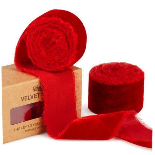 Keypan Red Velvet Ribbon for Christmas Tree - 1 1/2 inch Wide Handmade Fringe Fabric Ribbons for Gift Wrapping, Baby Shower, Flower Bouquet