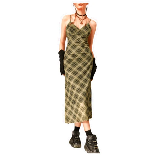 Verdusa Women's Plaid Print Mesh V Neck Sleeveless Bodycon Long Cami Dress