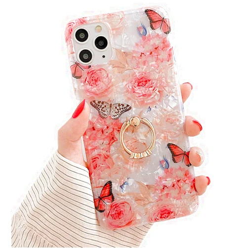Qokey Compatible with iPhone 11 Pro Case,Floral Cute Fashion Clear for Men Women Girls with 360 Degree Rotating Ring Kickstand Soft TPU Shockproof Cover Designed for iPhone 11 Pro 5.8