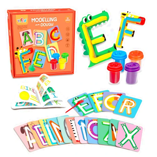 HASAYAQI Dough Preschool Education Recognition Fundamental Starter Set, Alphabet Shape and Learn Letters and Language, 3 Years and Up with 4 Colors Dough