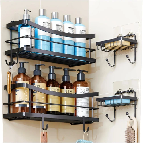 ODesign Shower Caddy Storage with Removable 4 Hooks Adhesive Shower Shelf Basket No Drilling Rustproof Kitchen Spice Racks Bathroom Organizer - 4 Pack (Black)