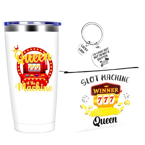 Furbeko 3Pcs Queen Of The Machine Mug Cup Keychain Makeup Bag 20 Oz Stainless Steel Tumbler Travel Mug Slot Machine Gambling Gifts for Casino Lovers Women Birthday Christmas Casino Theme Party