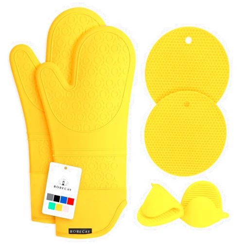 Rorecay Extra Long Oven Mitts and Pot Holders Sets: Heat Resistant Silicone Oven Mittens with Mini Oven Gloves and Hot Pads Potholders for Kitchen Baking Cooking, Quilted Liner, Pack of 6 (Yellow)