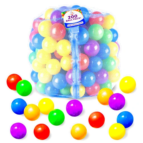 Sunny Days Entertainment 200 Count Plastic Balls for Ball Pit, Phthalate and BPA Free, Crush Proof Play Balls for Ball Pit, Pit Balls in Assorted Colors in Reusable and Durable Mesh Storage Bag with Zipper
