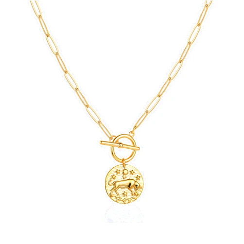 Fremttly Zodiac Coin Embossed Choker Necklace Disc 12 Constellation Astrology Horoscope 14K Gold Plated Round Pendant Personalized Necklace Gift for Women Men