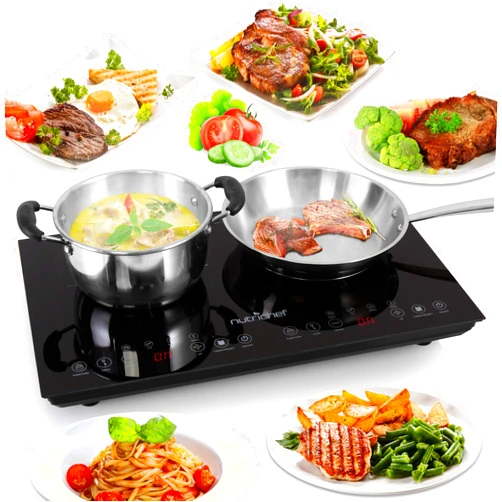 NutriChef Dual 120V Electric Induction Cooker - 1800w Portable Digital Ceramic Countertop Double Burner Cooktop w/ Kids Safety Lock - Works w/ Stainless Steel Pan / Magnetic Cookware