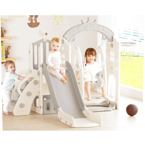 XJD 6-in-1 Toddler Slide and Swing Set, Kids Slide for Toddlers Age 1+, Toddler Outdoor Playset with Basketball Hoop, Swing, Outdoor Indoor Playground for Toddlers 1-3 (Grey)