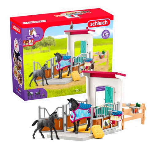 Schleich Horse Club - 34PC Stall Extension Horse Toy Playset with Mare and Foal Figure, Cat Figurine, and Accessories - Stable Set for Girls and Boys - Interactive, Realistic Kids Toys Ages 5+ - 42611