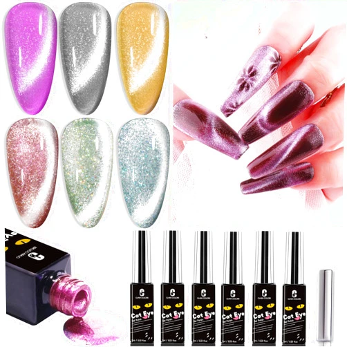 Clara Colors Cat Eye Gel Nail Polish Set, 6 Colors Autumn Holographic Glitter Cat Eye Gel Polish Kit with Magnet Romantic Galaxy Series Magnetic Nail Polish Long Lasting Soak Off UV LED