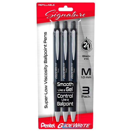 Pentel Glidewrite Signature Ballpoint Pen, (1.0mm) Medium, Black Barrel, Black Ink, 3-pk (BX930ABP3A)