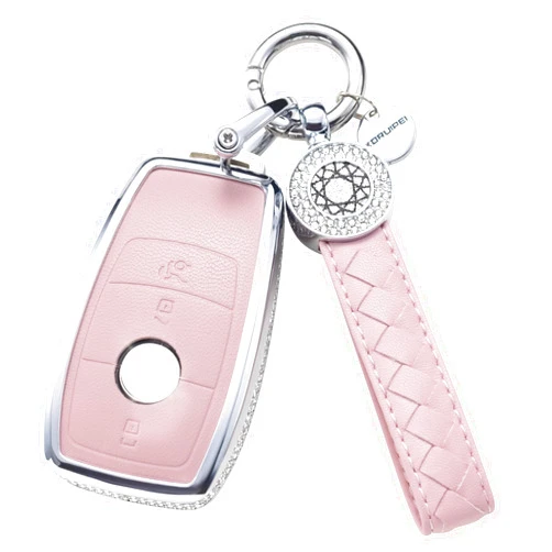SHANGHONG for Mercedes Benz Key fob Cover, Leather Crystal Key Case Protector Compatible with Mercedes Benz E-Class S-Class A-Class C-Class G-Class AMG smart remote key (Pink)