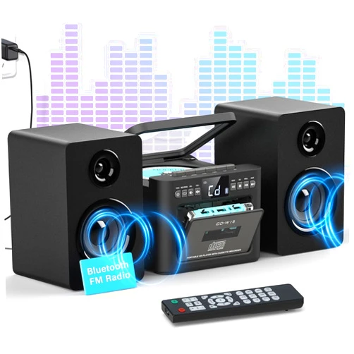Greadio Stereo System for Home with Boombox CD and Cassette Player Combo, 40W Home Stereo System with Bluetooth, FM Radio/USB/TF/AUX/Remote Control, Detachable Wooden Bookshelf Speakers