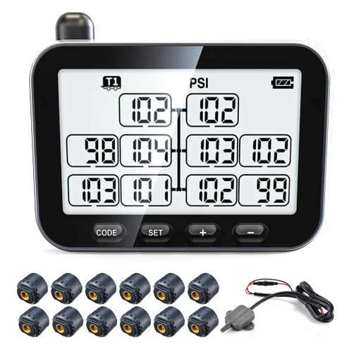 GUTA Trailer Tire Pressure Monitoring System, RV TPMS with 12 Sensors, 6 Alert Modes, Signal Booster, Power Saving Display, Long Sensing Distance, for 3 Trailers (T1/T2/T3), for Camper, Motor Homes