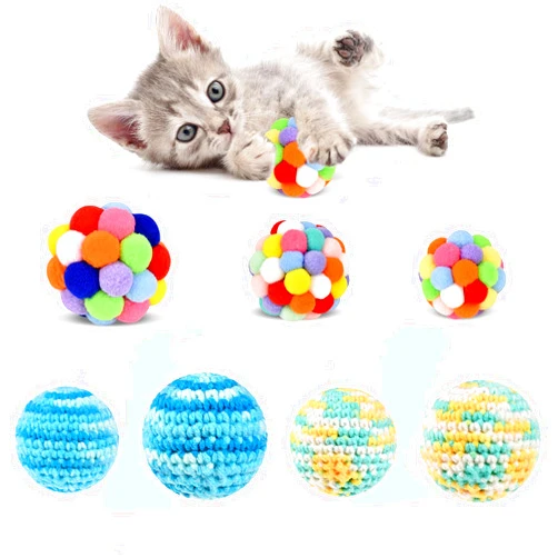 TUSATIY Cat Toy Balls with Bells 7Pack, Colorful Soft Fuzzy Pom Pom Balls with Elasticity, Hand Knitted Cat Chewing Toys for Indoor Cats and Kittens