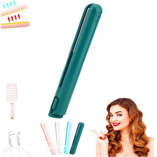 ZENKLET Dualglam Mini Dual-Purpose Curling Iron, Cozy Home Curling Iron, Mini Dual Purpose Curling Iron, Hair Straightener And Curler 2 in 1, Compact Travel-Friendly Ceramic Design, Usb Rechargeable-Green