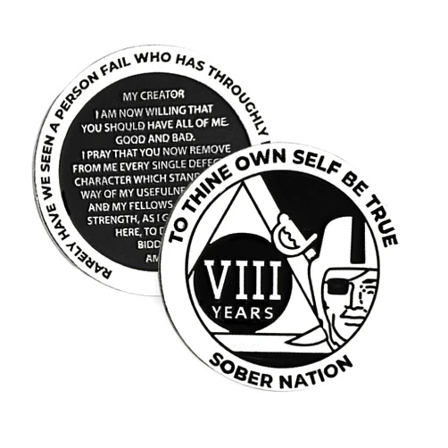MYRECOVERYSTORE Silver and Black Pirate Alcoholics Anonymous AA Chip w/Coin Capsule AA Yearly Medallion 1-50 Years