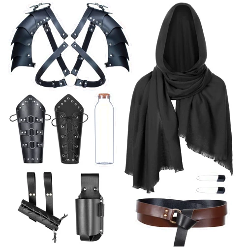 ALAMIYA Medieval Knight Leather Belt Shawl Men Renaissance Half Shoulder Cape Scarf Buckle Bracers Retro Magic Cork Potion Bottle Sword Frog Accessories(Type8)