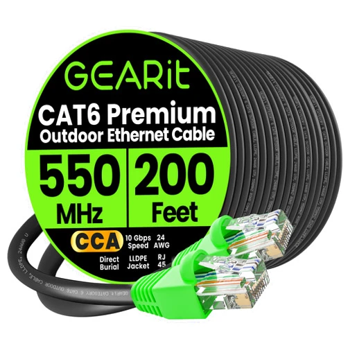 GEARit RJ45 Cat-6 Ethernet Patch Cable, 10Gpbs Transfer Speed, Gold-Plated Connectors, Copper Clad, Outdoor, UV Resistant, Direct Burial, Waterproof, Durable, 200 Foot (60.9 Meters), Black