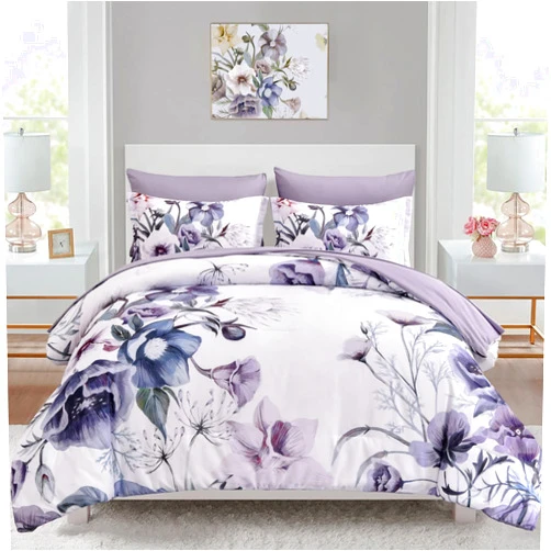 Luxudecor Floral Comforter Set Queen Size 7 Piece, Purple Flower Bed in a Bag, Elegant Floral Comforter with Sheet Set, Soft Microfiber Bedding Set for All Season (Purple, 90