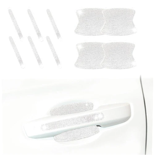 KEVWR 10 Pieces Bling Rhinestones Car Door Handle Stickers Auto Door Handle Scratch Cover Guard Protective Film Pad with Safety Reflective Strips, Universal Car Accessories, White