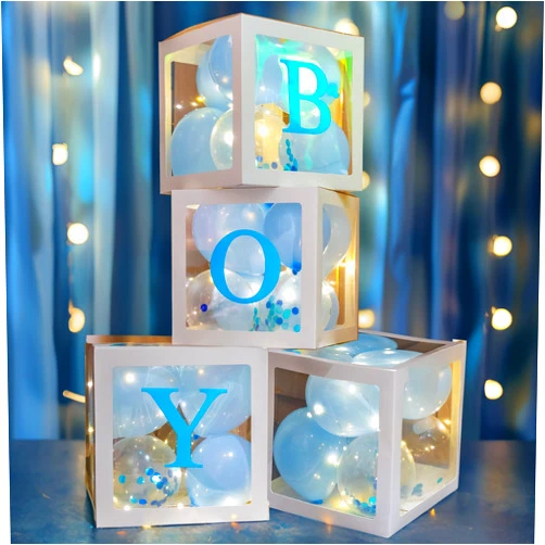 Uptotop Baby Shower Balloon Box Decorations, 4 Pcs Baby Blocks Transparent Balloon Boxes with A-E Letters, Fairy String Lights and 36 Pcs Latex Balloons for Decor, Blue
