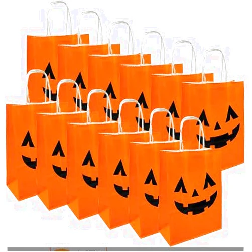 Watshi 12 Packs Halloween Candy Bags Snack Bags Plastic Trick or Treat Candy Baskets Halloween Decoration Pumpkin Candy Snack Bags with Handles for Kids Halloween Party Supplies