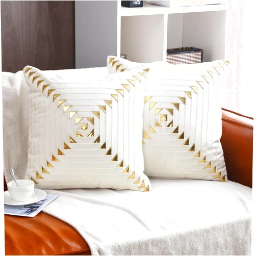 Tosleo White Velvet Gold Pillow Covers 18x18 Set of 2 Gold Throw Pillow Covers Soft Decorative Luxury Cushion Covers Pillow Cases with Gold Leather for Valentine's Day Decoration Bedroom Livingroom