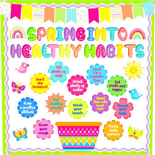 Honoson 74 Pcs Spring Bulletin Board Decorations Set Spring into Healthy Habits Paper Cutouts Colorful Flower Butterfly Birds Sunshine Bulletin Decor for School Classroom Wall Chalkboard Supplies
