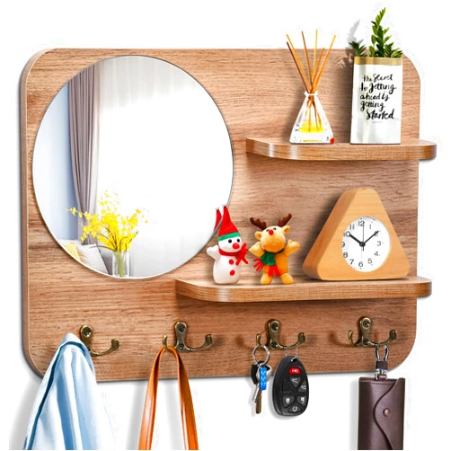 YeadCedle Key Holder for Wall with Shelf,Wooden Key Rack with Key Hook with Mirror and 4 Key Hooks for Rustic Entrances Hallways Living Rooms and Bedrooms 16