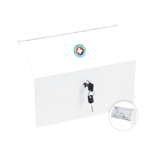 KYODOLED Wall Mount Medicine Lock Box, Drug Cabinet with Key, Large Capacity Secure Steel Prescription, First Aid Kit for Emergencies Home and School use, White, 12.2 * 5.9 * 7.87 inch