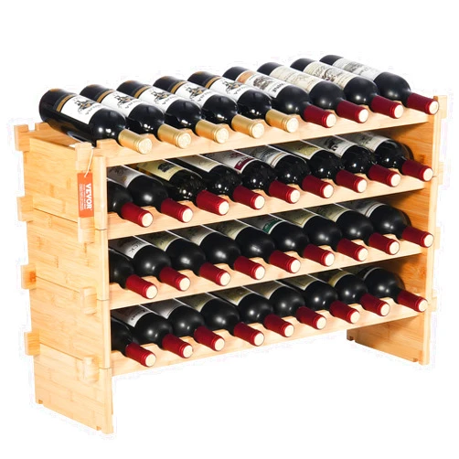 VEVOR 36 Bottle Stackable Modular Wine Rack, 4-Tier Solid Bamboo Wood Storage Racks, Floor Freestanding Wines Holder Display Shelf, Wobble-Free Shelves for Kitchen, Bar, and Cellar (Natural Color)