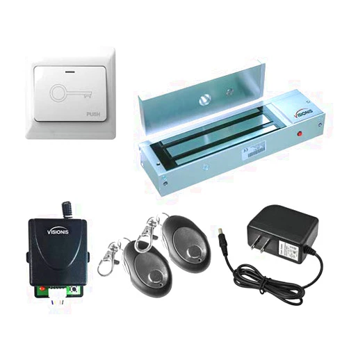 Visionis VIS-7464 One Door Access Control Outswinging Door 1200lbs Electromagnetic Lock Kit with Wireless Receiver and Remote Magnetic Lock System with VIS-7030 White Push to Exit Button
